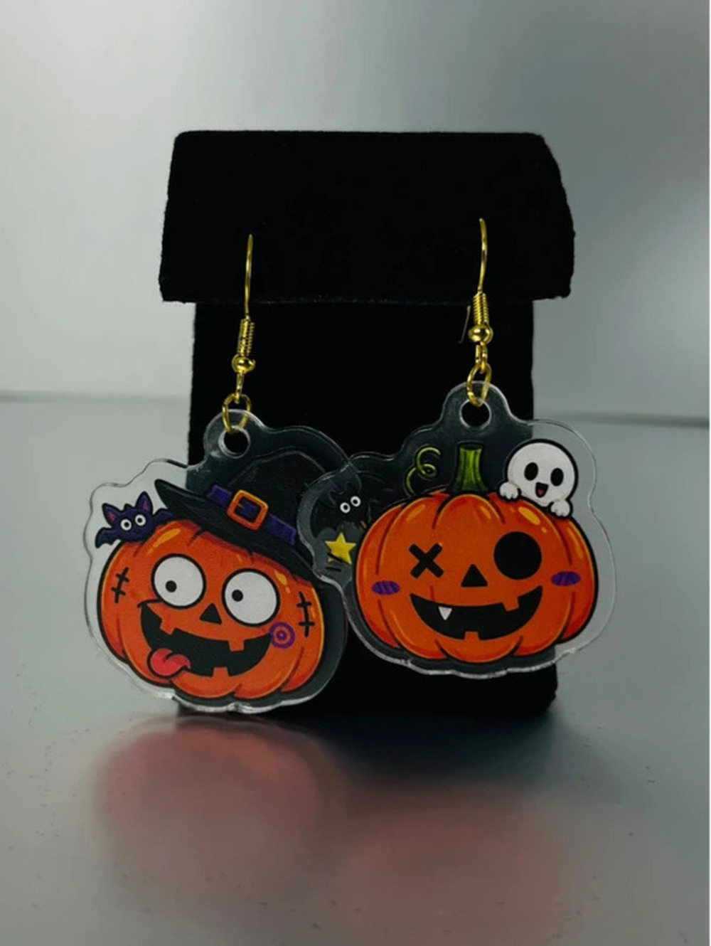 Cute Halloween Pumpkin Dangle Earrings with Witch Hat and Skull Design, New